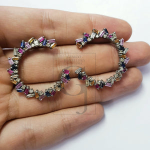 Natural multi colored sapphire stone baguettes hoop style rosecut pave setting diamond sterling silver earring ,antique look hoop earring