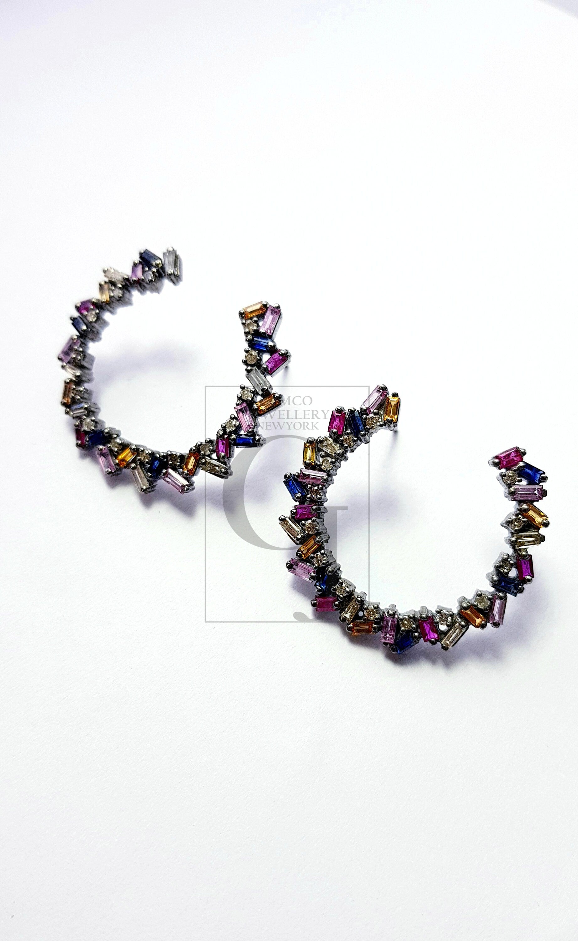 Natural multi colored sapphire stone baguettes hoop style rosecut pave setting diamond sterling silver earring ,antique look hoop earring