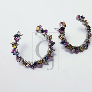 Natural multi colored sapphire stone baguettes hoop style rosecut pave setting diamond sterling silver earring ,antique look hoop earring