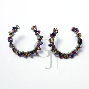 Natural multi colored sapphire stone baguettes hoop style rosecut pave setting diamond sterling silver earring ,antique look hoop earring