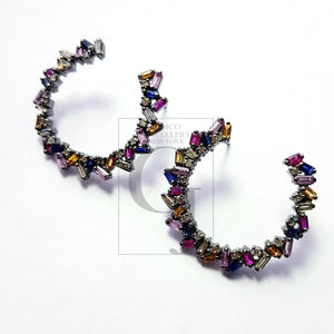 Natural multi colored sapphire stone baguettes hoop style rosecut pave setting diamond sterling silver earring ,antique look hoop earring