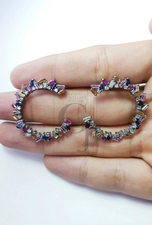 Natural multi colored sapphire stone baguettes hoop style rosecut pave setting diamond sterling silver earring ,antique look hoop earring