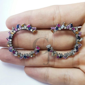 Natural multi colored sapphire stone baguettes hoop style rosecut pave setting diamond sterling silver earring ,antique look hoop earring
