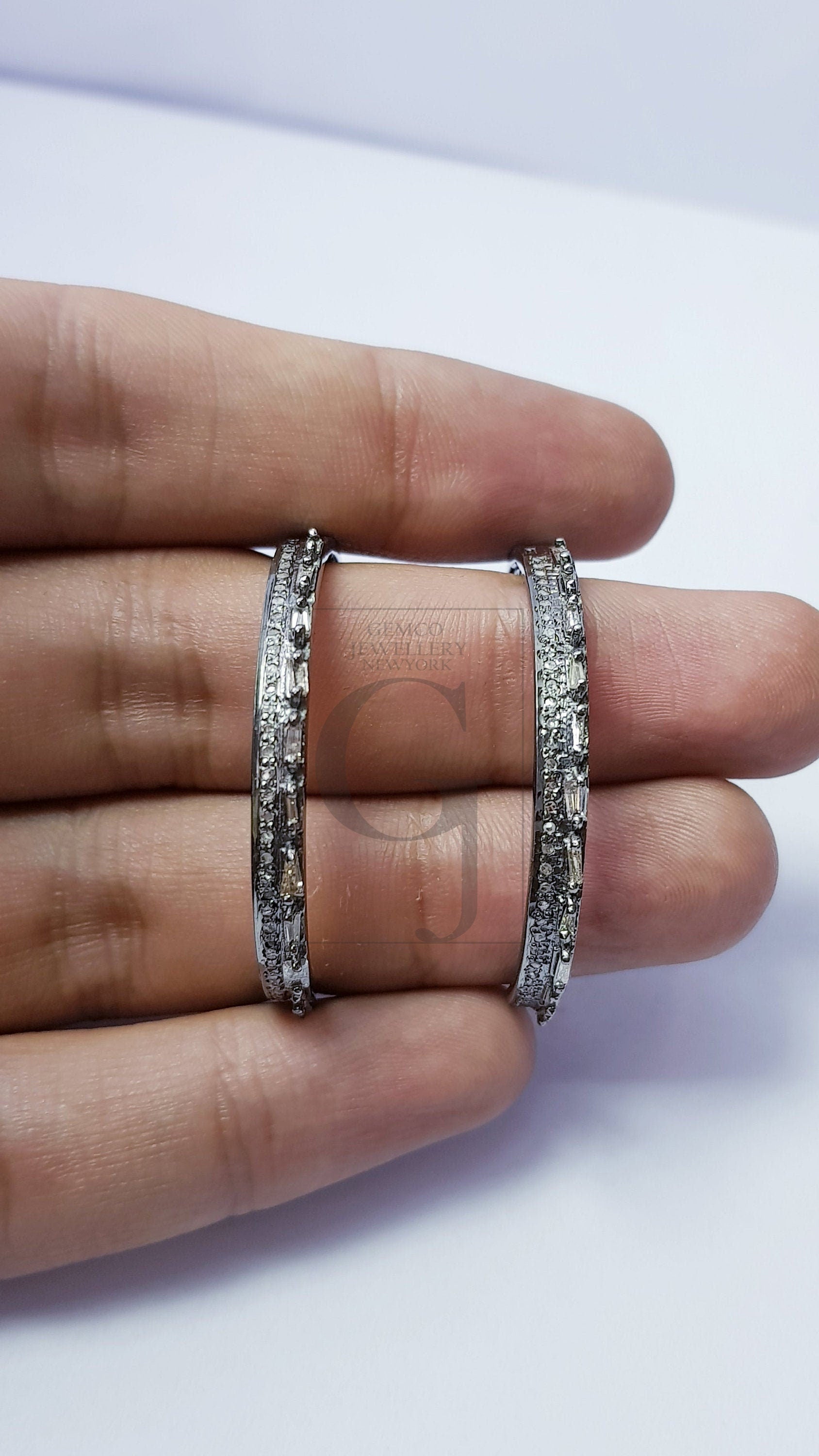 Natural diamond baguettes  hoop style rosecut pave setting diamond sterling silver earring ,antique look designer hoop earring