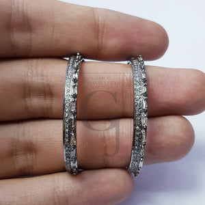 Natural diamond baguettes  hoop style rosecut pave setting diamond sterling silver earring ,antique look designer hoop earring