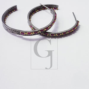 Natural Ruby Stone Baguettes Hoop Style Rosecut Pave Setting Diamond Sterling Silver Earring ,Antique look Designer Hoop Earring
