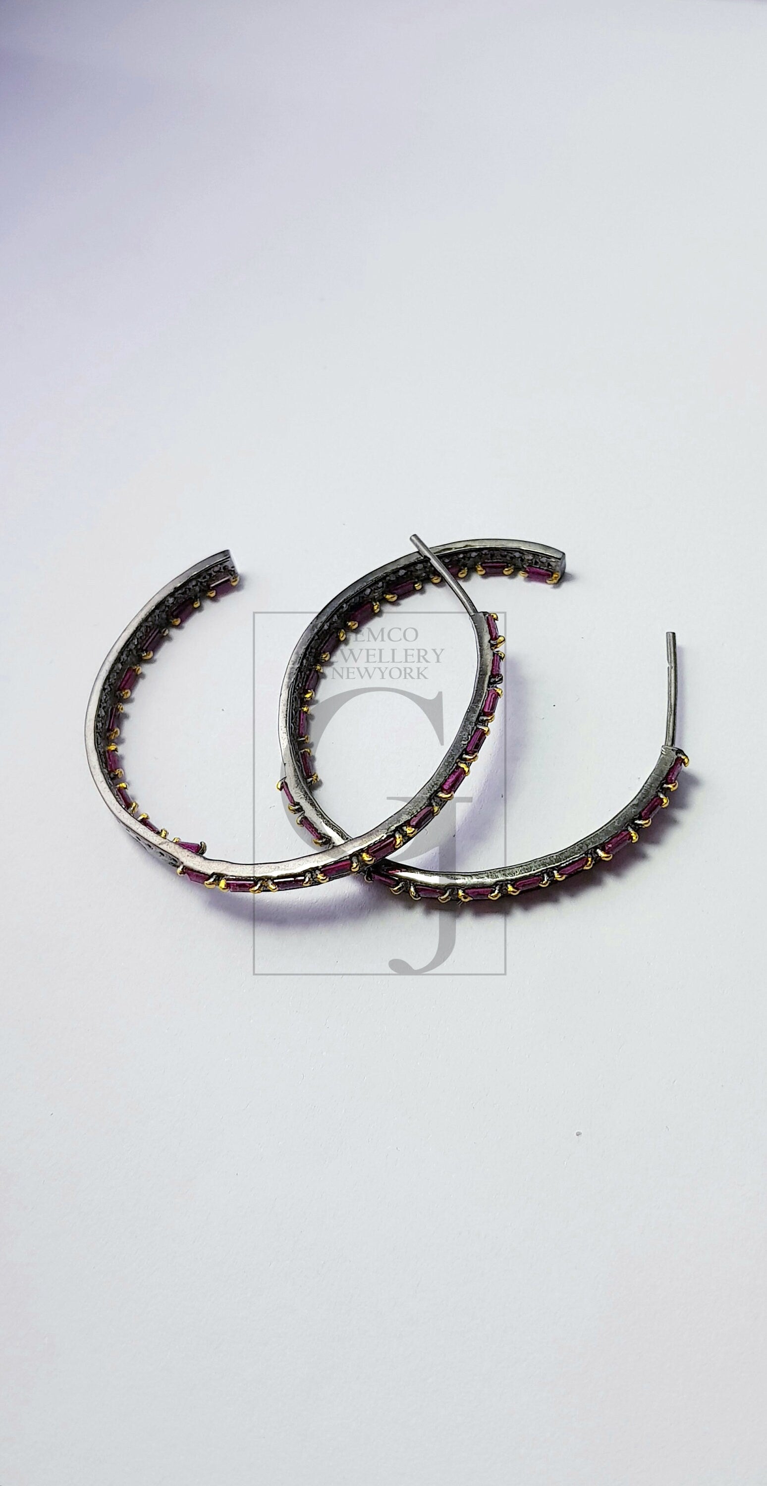 Natural Ruby Stone Baguettes Hoop Style Rosecut Pave Setting Diamond Sterling Silver Earring ,Antique look Designer Hoop Earring
