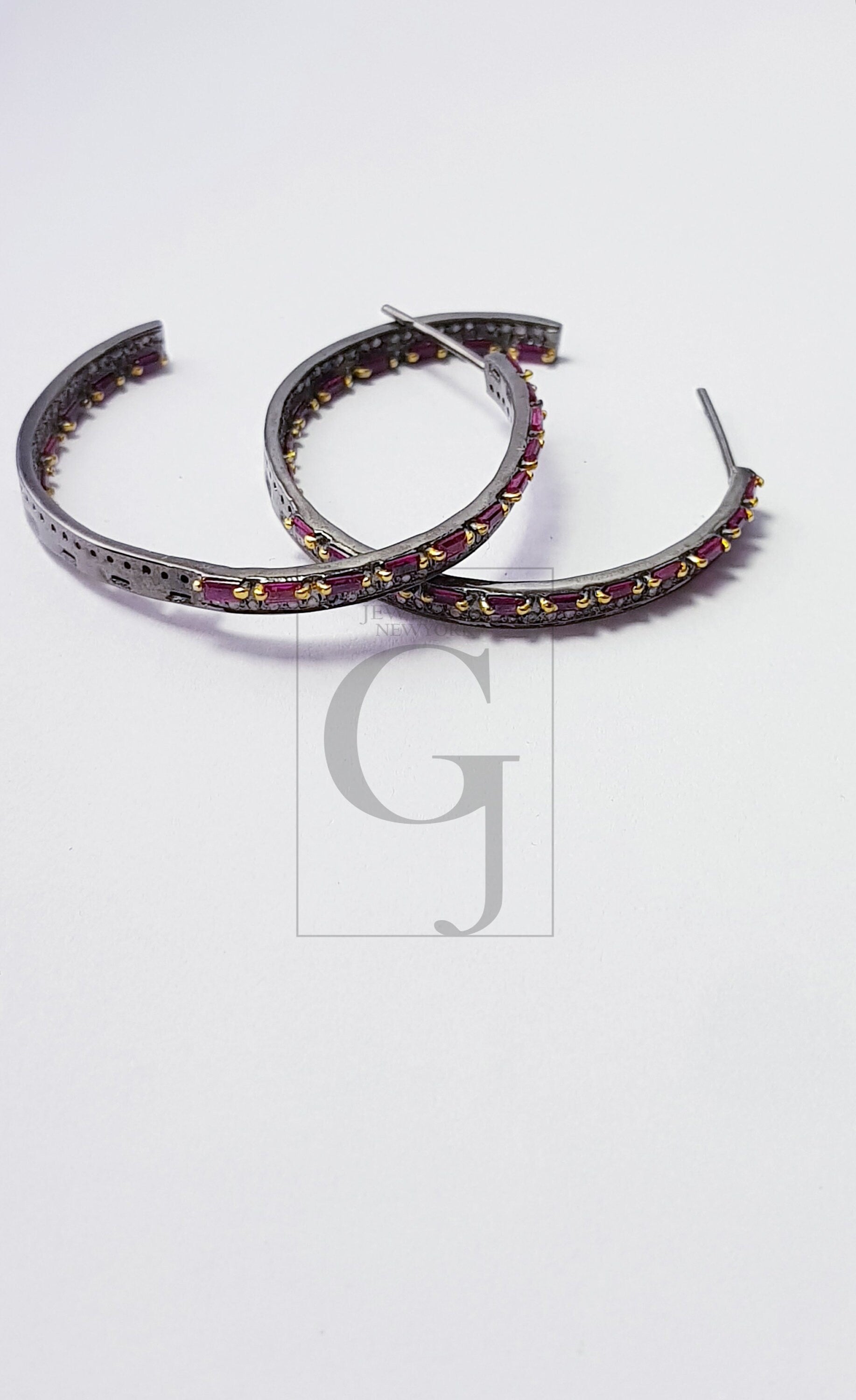 Natural Ruby Stone Baguettes Hoop Style Rosecut Pave Setting Diamond Sterling Silver Earring ,Antique look Designer Hoop Earring