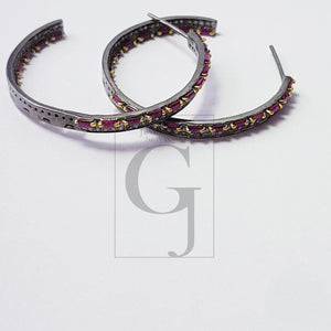 Natural Ruby Stone Baguettes Hoop Style Rosecut Pave Setting Diamond Sterling Silver Earring ,Antique look Designer Hoop Earring