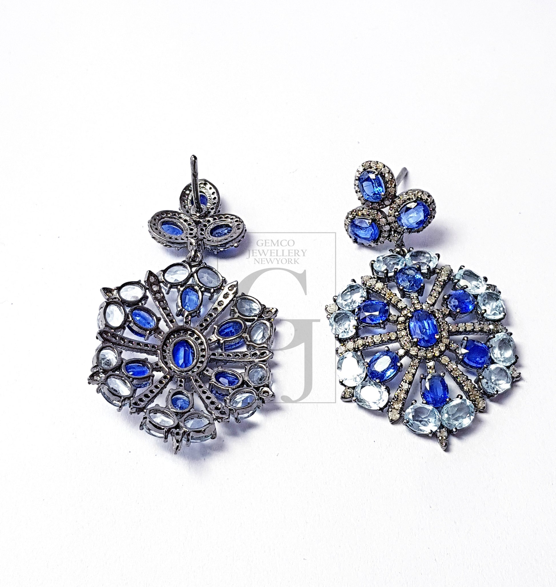 Beautiful Designed Earrings With Blue Topaz And Kaynite Stone Pave Rosecut Diamond 925 Sterling Silver Handmade Pave Diamond Earring