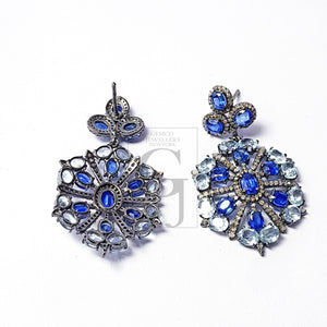 Beautiful Designed Earrings With Blue Topaz And Kaynite Stone Pave Rosecut Diamond 925 Sterling Silver Handmade Pave Diamond Earring