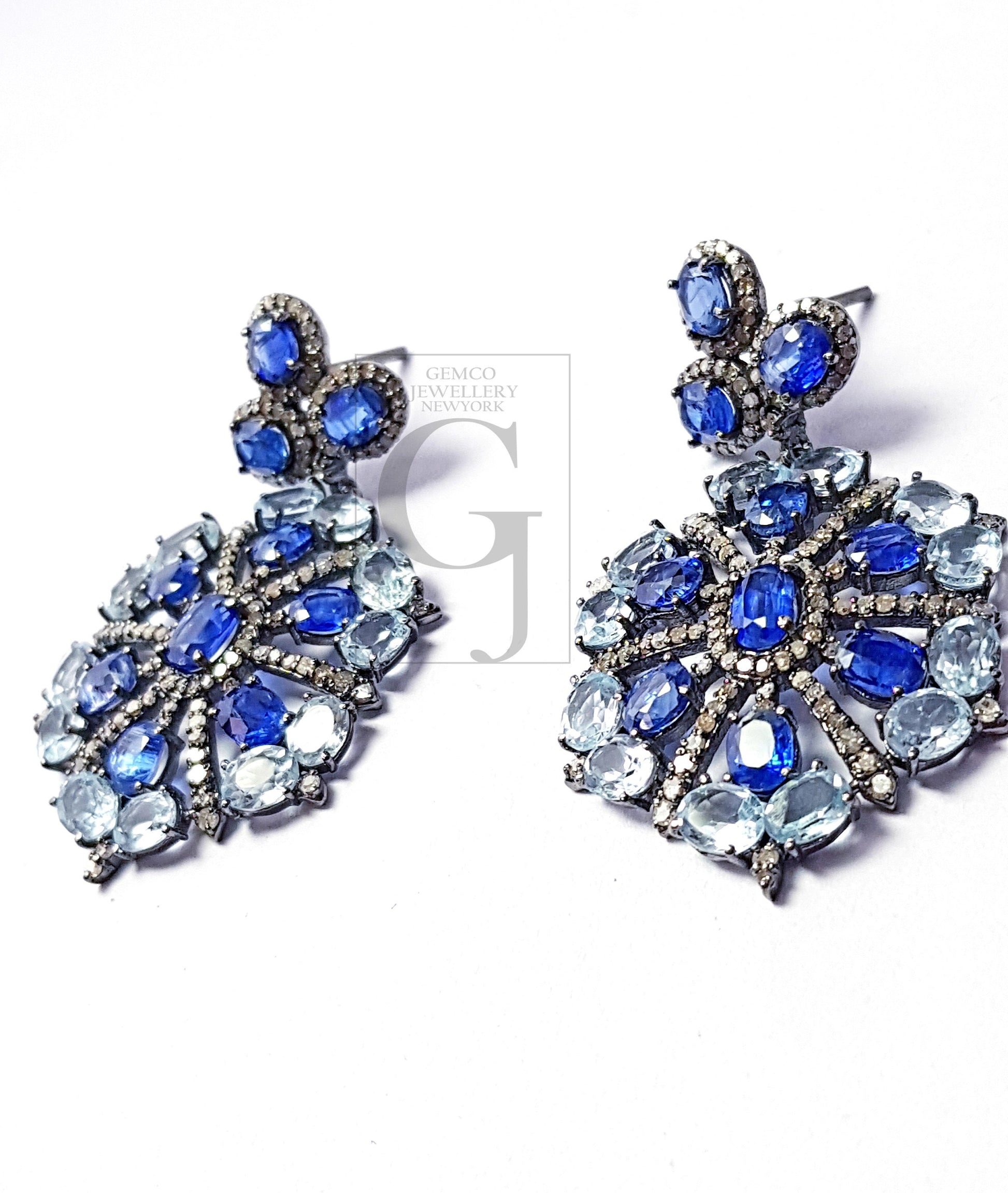 Beautiful Designed Earrings With Blue Topaz And Kaynite Stone Pave Rosecut Diamond 925 Sterling Silver Handmade Pave Diamond Earring