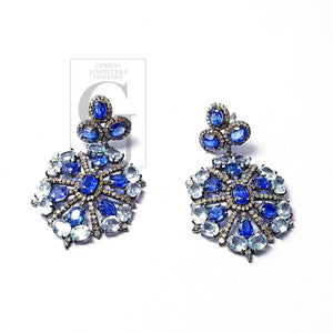 Beautiful Designed Earrings With Blue Topaz And Kaynite Stone Pave Rosecut Diamond 925 Sterling Silver Handmade Pave Diamond Earring