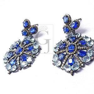 Beautiful Designed Earrings With Blue Topaz And Kaynite Stone Pave Rosecut Diamond 925 Sterling Silver Handmade Pave Diamond Earring