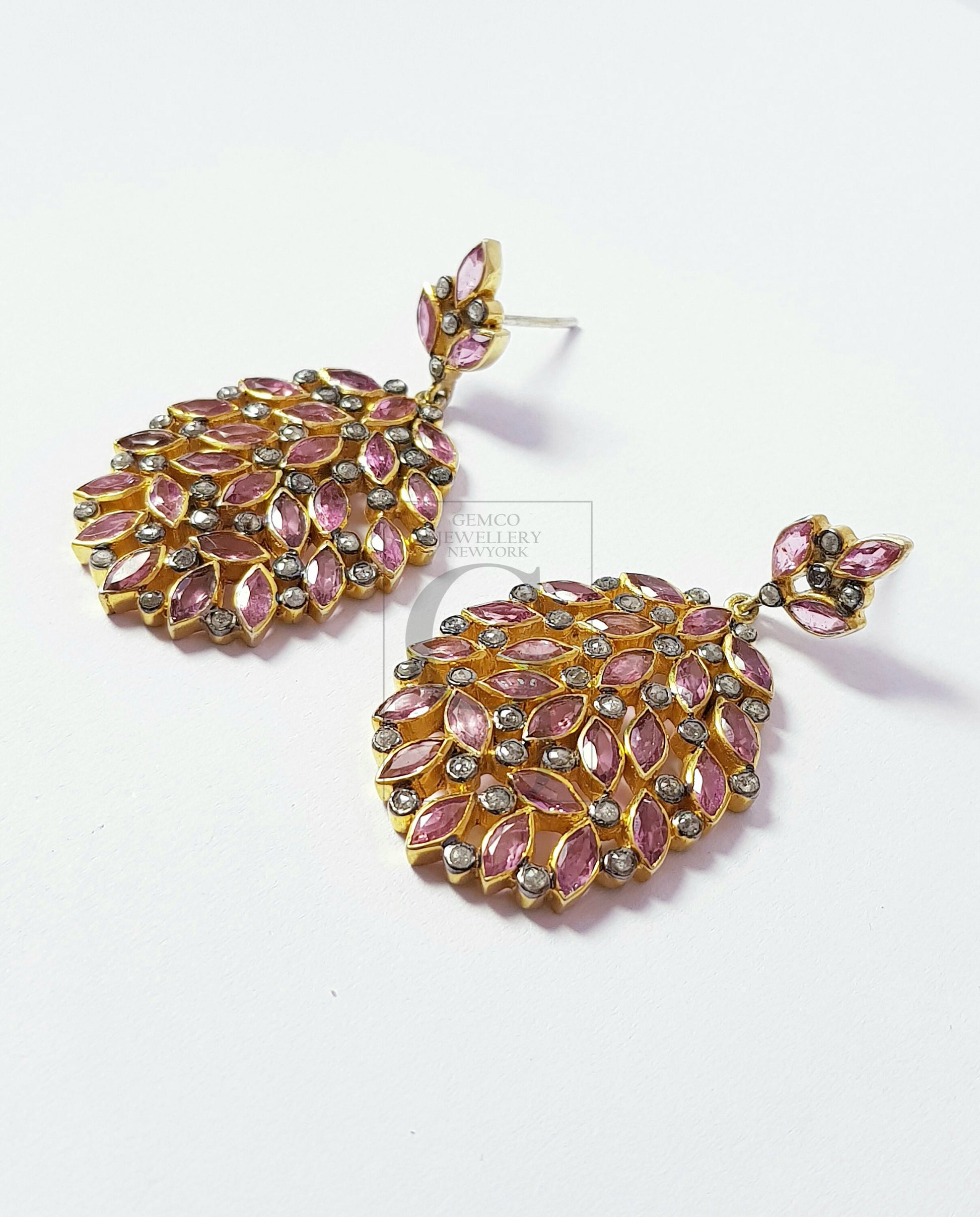 Antique Look Gold Tourmaline Designer Earrings Rosecut Pave Diamond Earrings 925 Sterling Silver Handmade Silver Finish Diamond Earrings