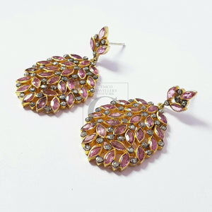 Antique Look Gold Tourmaline Designer Earrings Rosecut Pave Diamond Earrings 925 Sterling Silver Handmade Silver Finish Diamond Earrings