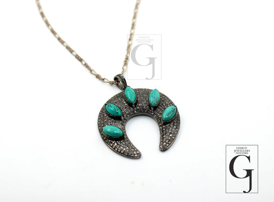 Antique Look Turquoise Crescent Moon Designer Pendant Rosecut Pave Diamond Pendant 925 Sterling Silver Handmade Finish Diamond Jewelry