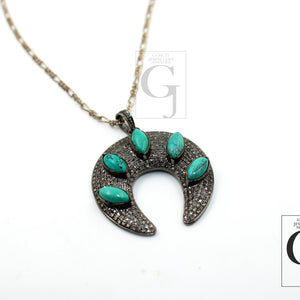 Antique Look Turquoise Crescent Moon Designer Pendant Rosecut Pave Diamond Pendant 925 Sterling Silver Handmade Finish Diamond Jewelry