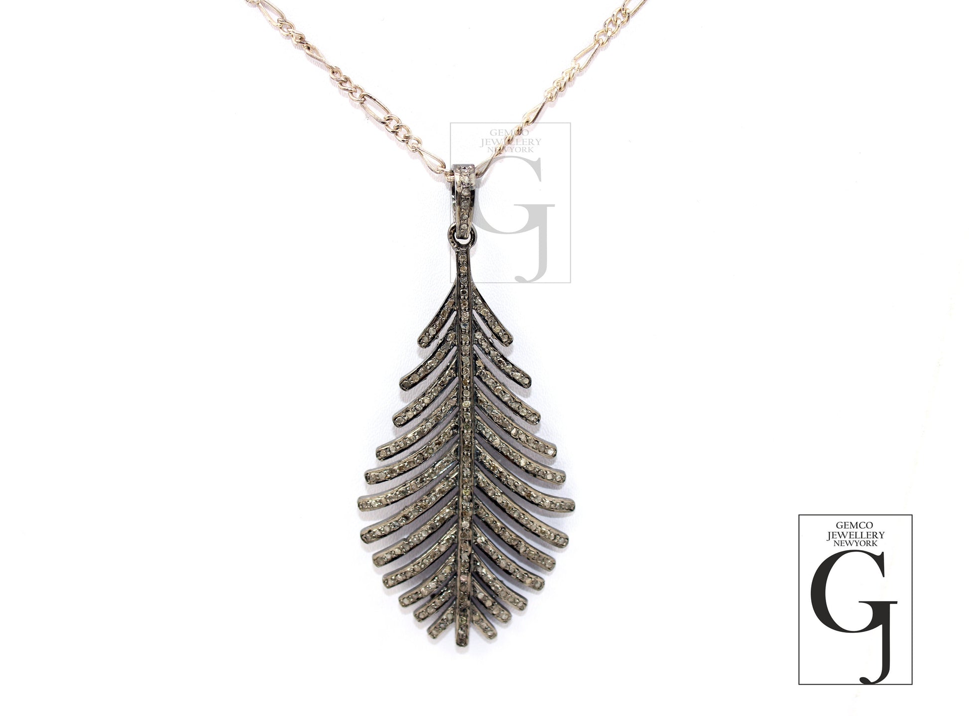 Antique Look Oxidized Leaf Designer Pendant Rosecut Pave Diamond Pendant 925 Sterling Silver Handmade Finish Diamond Charms Necklace Pendant