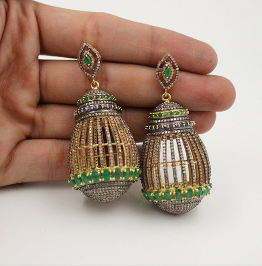 One of a birdcage designer emerald 14k gold earring Rosecut pave diamond earrings 925 sterling silver handmade silver finish diamond earring