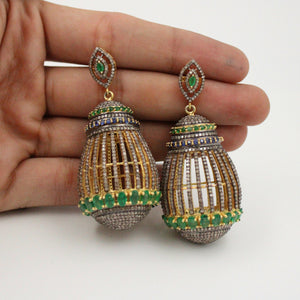 One of a birdcage designer emerald 14k gold earring Rosecut pave diamond earrings 925 sterling silver handmade silver finish diamond earring