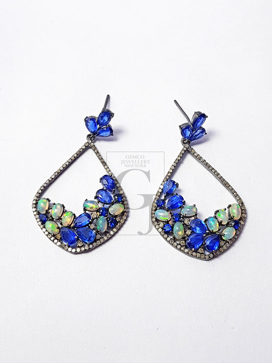 very beautiful teardrop design opal and kyanite stone Pave rosecut diamond 925 sterling silver handmade Pave diamond earring jewelry