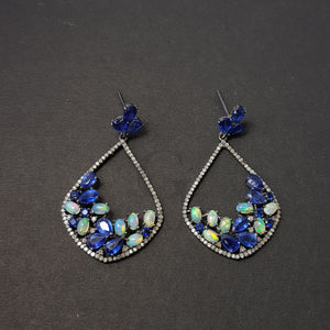 very beautiful teardrop design opal and kyanite stone Pave rosecut diamond 925 sterling silver handmade Pave diamond earring jewelry