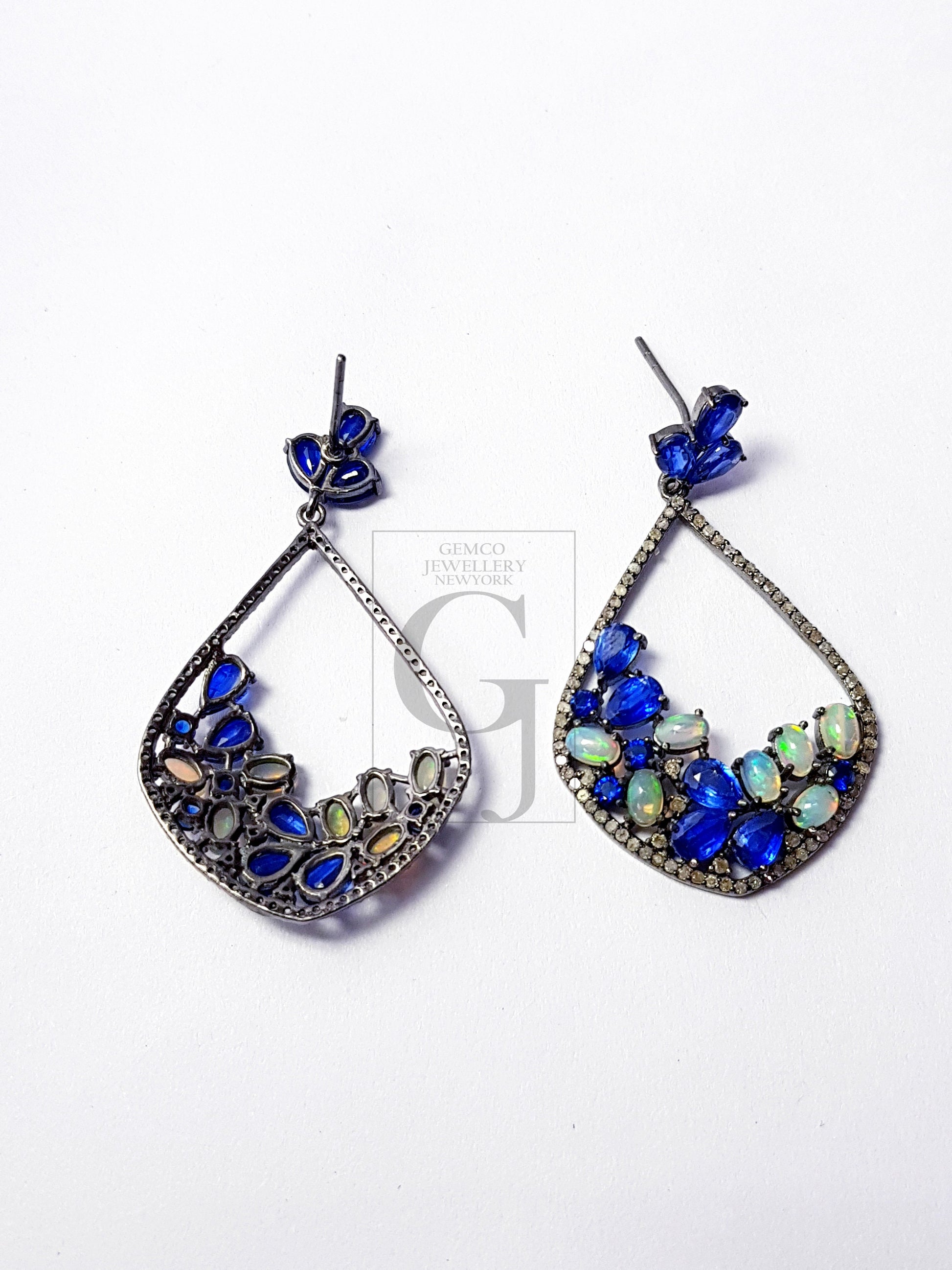 very beautiful teardrop design opal and kyanite stone Pave rosecut diamond 925 sterling silver handmade Pave diamond earring jewelry