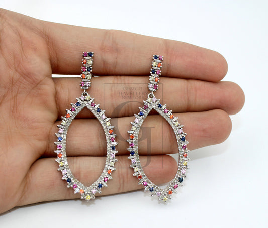 Multi sapphire marquise designer Rosecut pave diamond earrings 925 sterling silver handmade silver finish buggets diamond round earrings