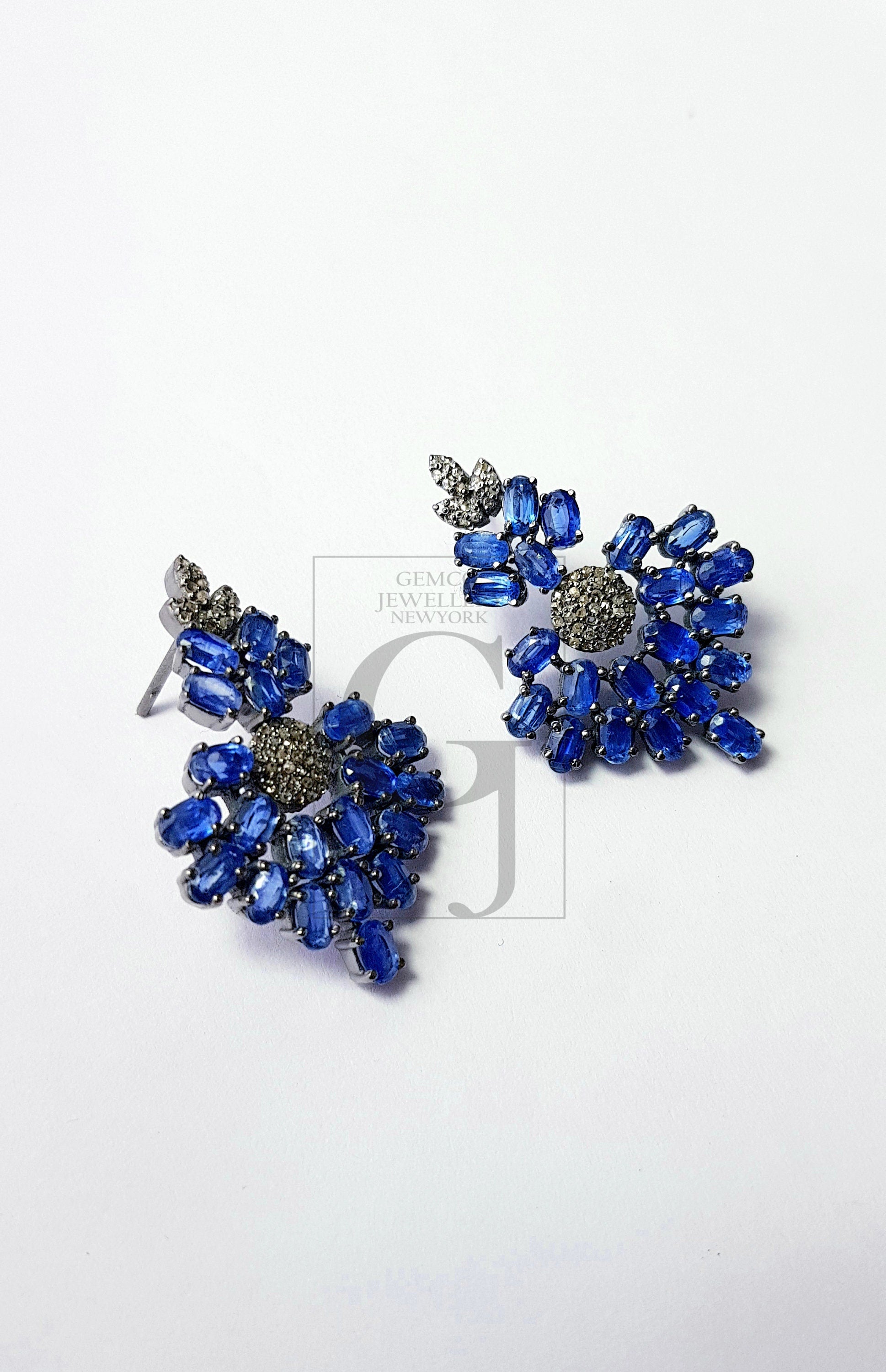 Natural Blue kyanite stone with rosecut diamond pave setting diamond earing designer sterling silver oxidized earring