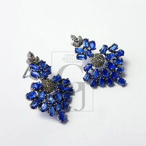 Natural Blue kyanite stone with rosecut diamond pave setting diamond earing designer sterling silver oxidized earring