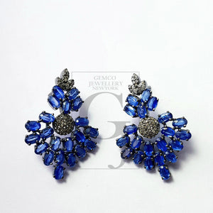 Natural Blue kyanite stone with rosecut diamond pave setting diamond earing designer sterling silver oxidized earring