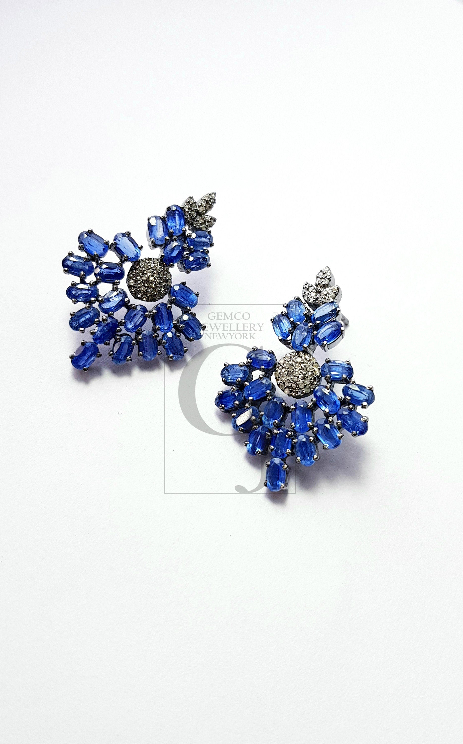 Natural Blue kyanite stone with rosecut diamond pave setting diamond earing designer sterling silver oxidized earring