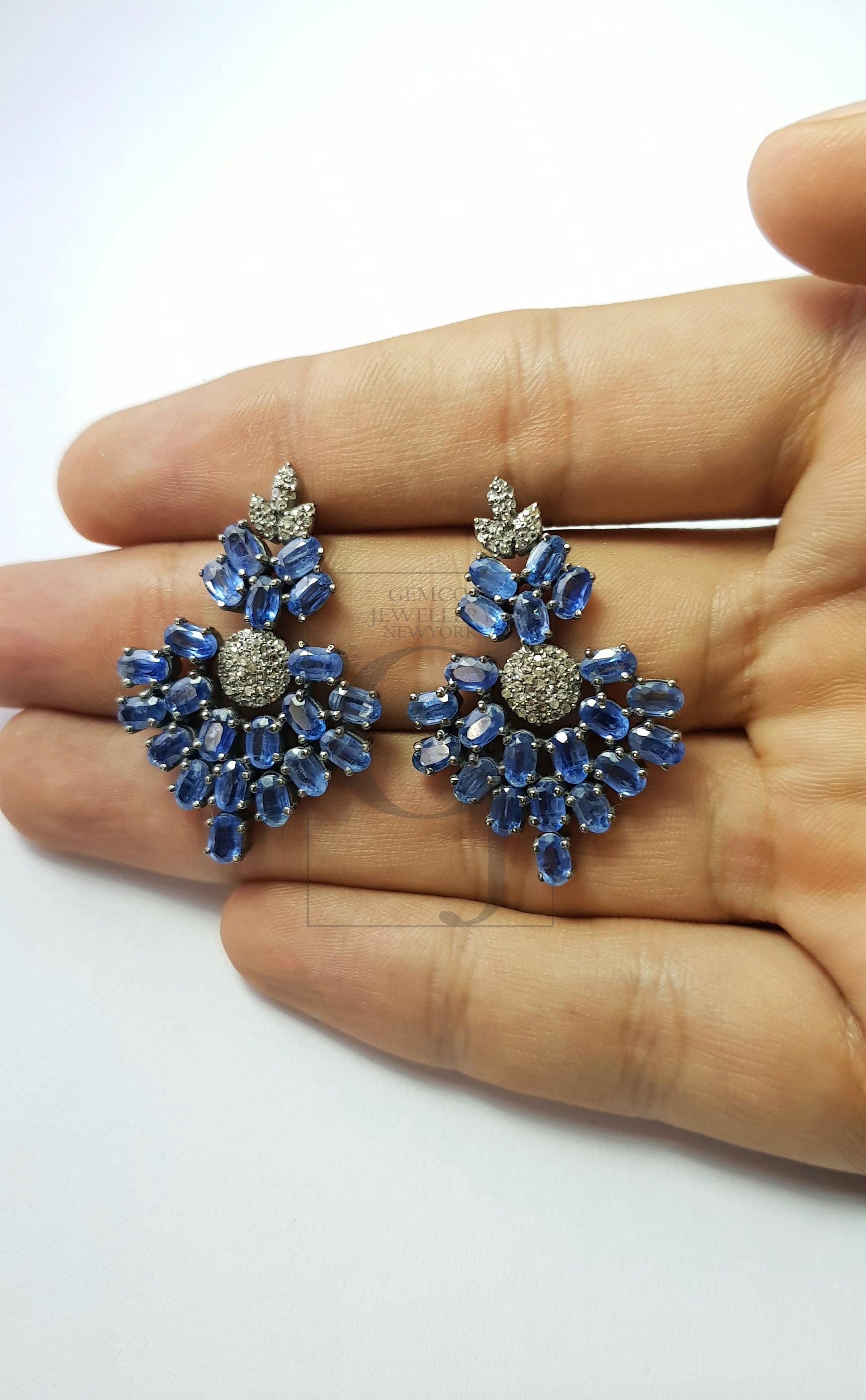 Natural Blue kyanite stone with rosecut diamond pave setting diamond earing designer sterling silver oxidized earring