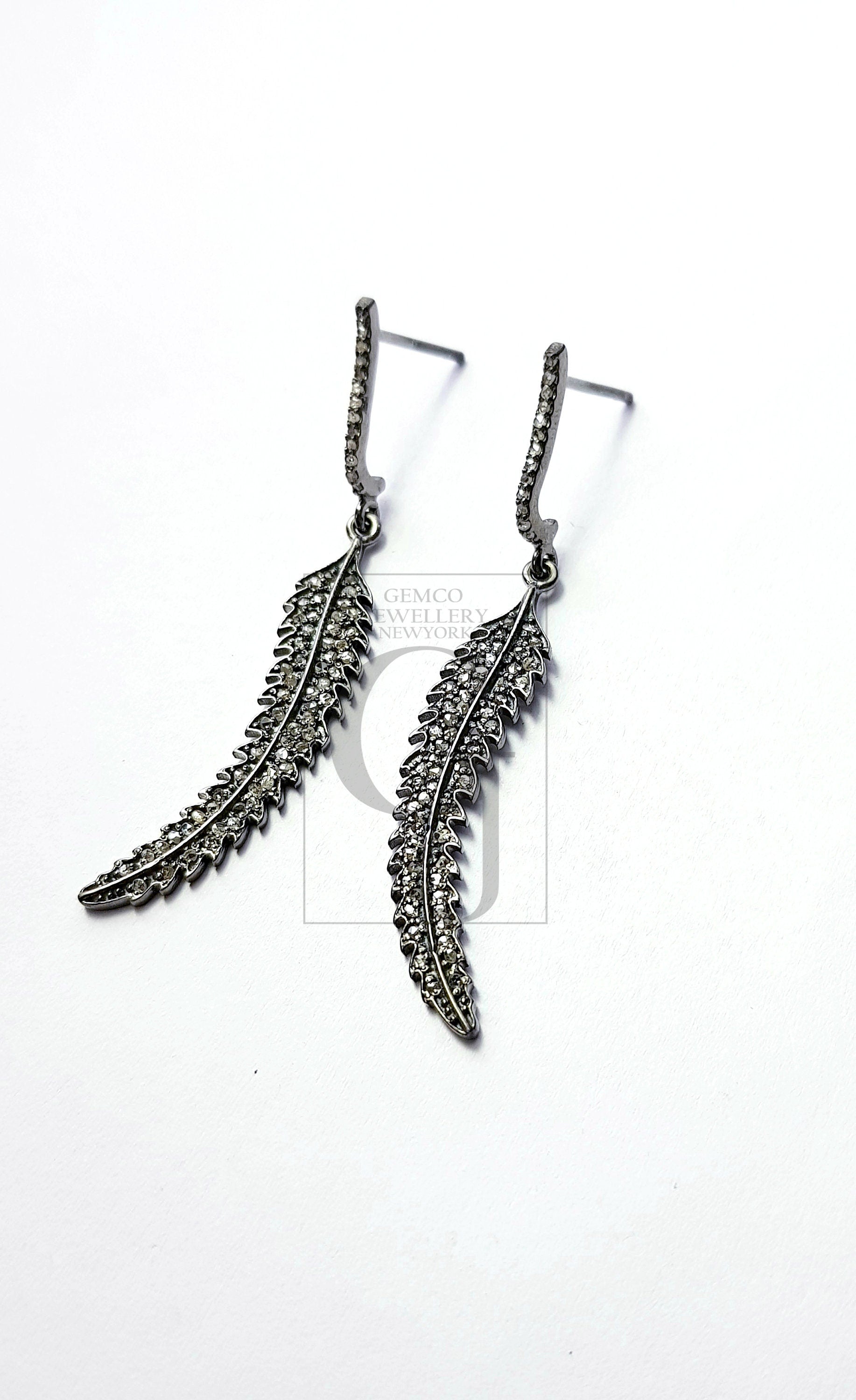 Latest beautiful leaf designer Rosecut pave diamond earrings studs and 925 sterling silver handmade finish oxidized diamond charms earring