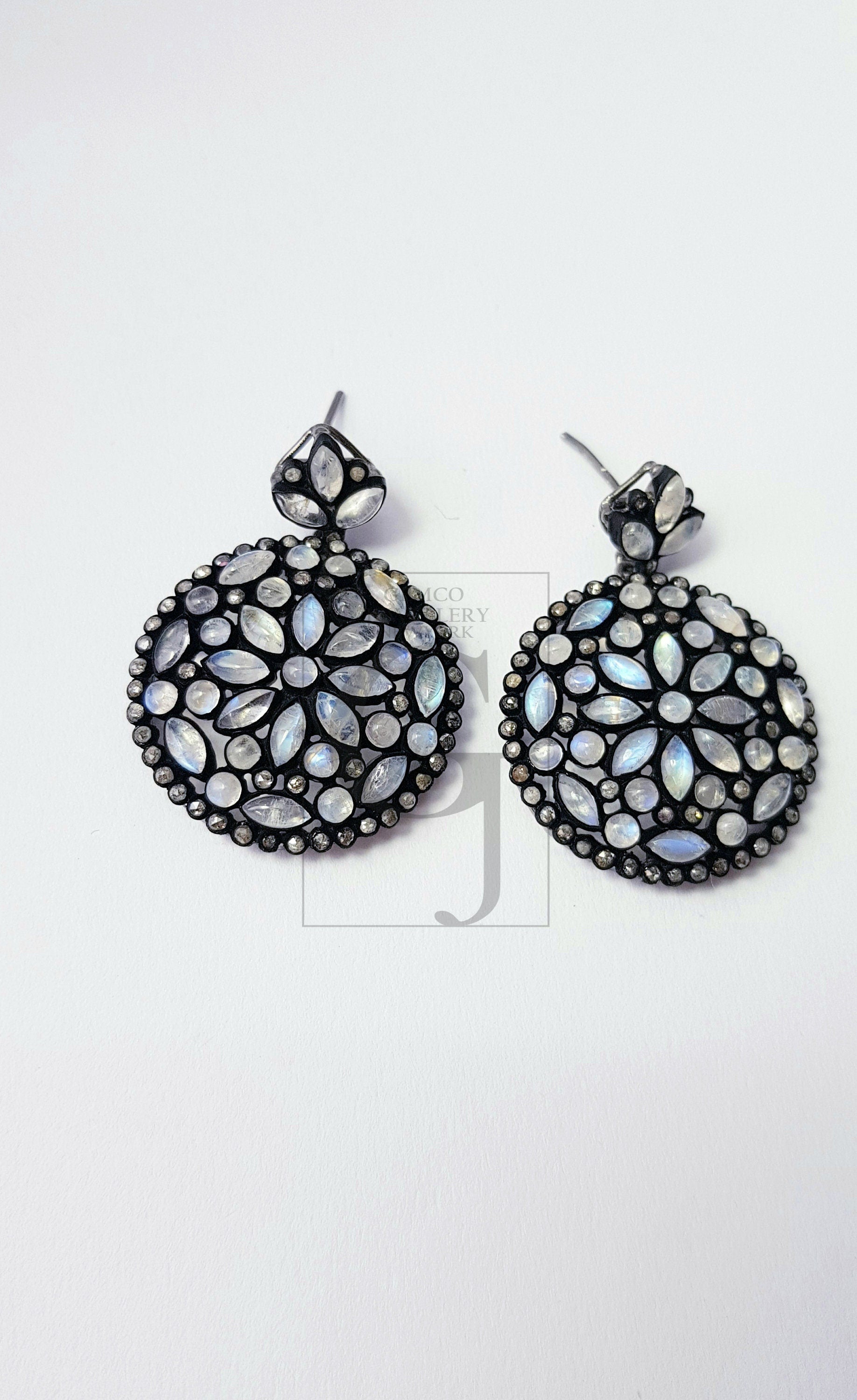 Very Beautiful Rainbow Moon Stone Designer Earring Rosecut Pave Diamond Earrings 925 Sterling Silver Handmade Silver Finish Diamond Earrings