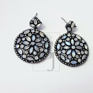 Very Beautiful Rainbow Moon Stone Designer Earring Rosecut Pave Diamond Earrings 925 Sterling Silver Handmade Silver Finish Diamond Earrings