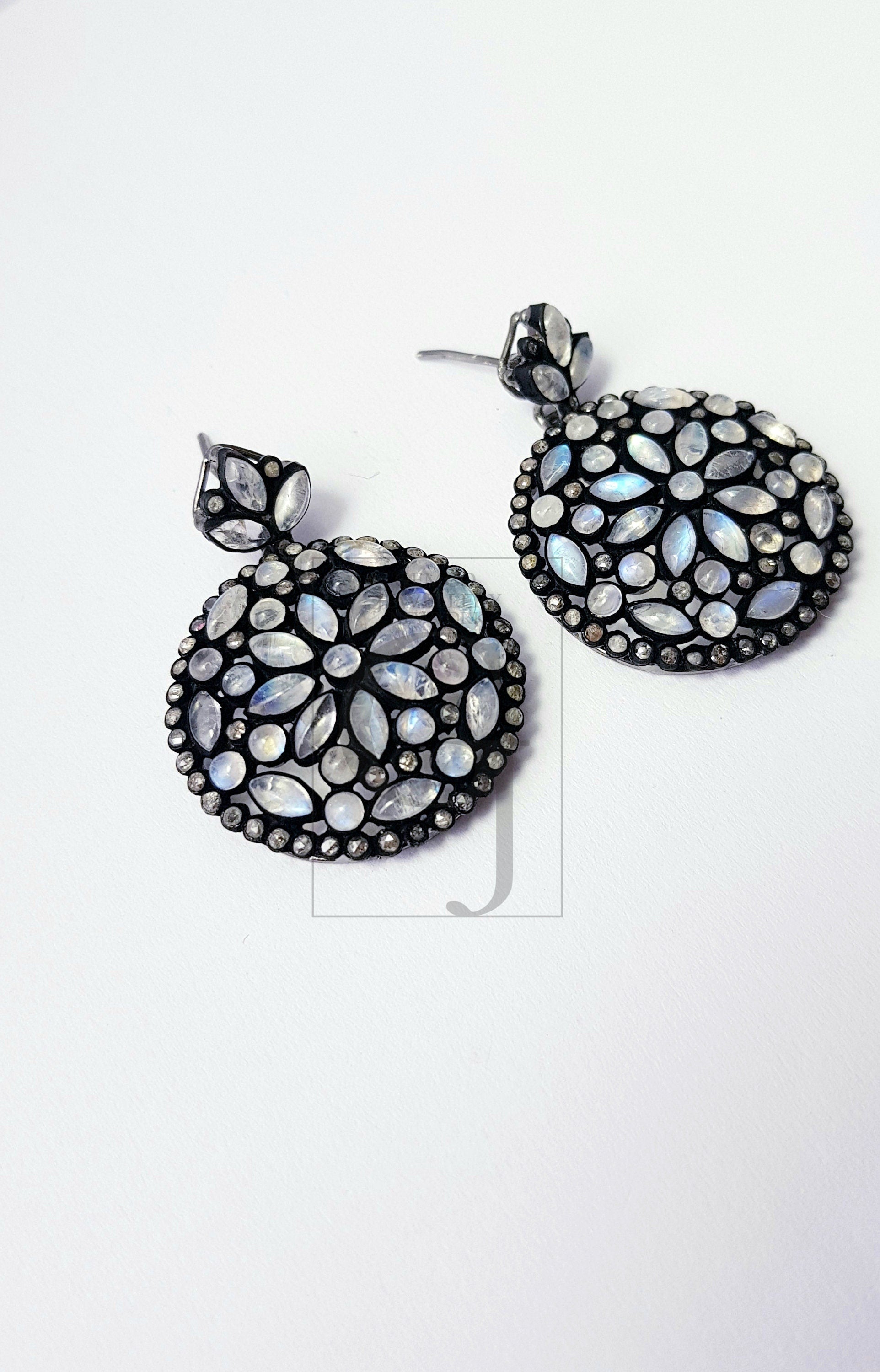 Very Beautiful Rainbow Moon Stone Designer Earring Rosecut Pave Diamond Earrings 925 Sterling Silver Handmade Silver Finish Diamond Earrings