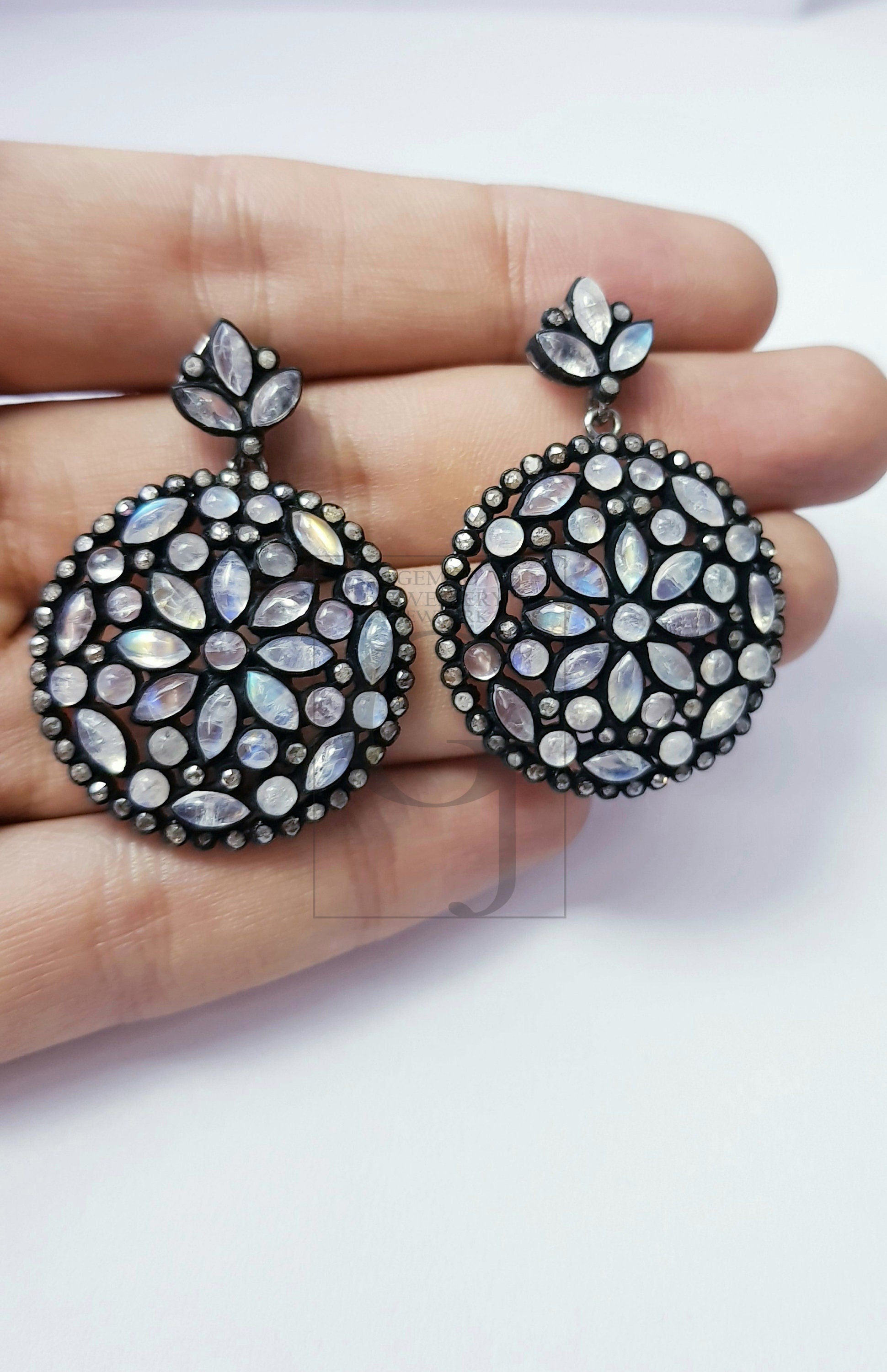 Very Beautiful Rainbow Moon Stone Designer Earring Rosecut Pave Diamond Earrings 925 Sterling Silver Handmade Silver Finish Diamond Earrings