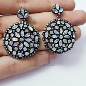 Very Beautiful Rainbow Moon Stone Designer Earring Rosecut Pave Diamond Earrings 925 Sterling Silver Handmade Silver Finish Diamond Earrings