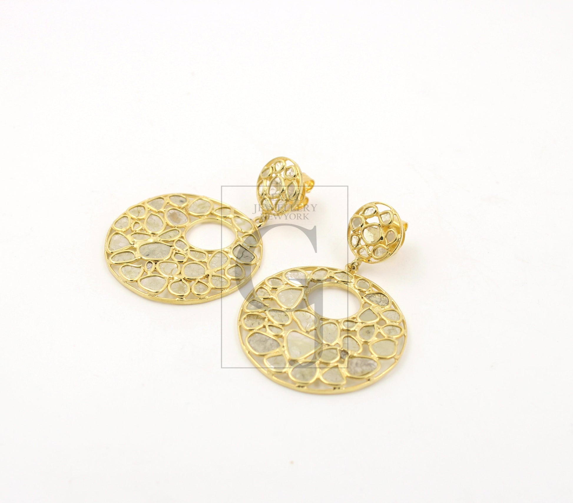 Vermail Gold Finish Polki Diamond Earring Rosecut Pave Diamond Earrings 925 Sterling Silver Handmade Silver Finish Diamond Round Earring