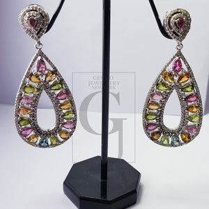 Tourmaline cut stone natural multi colored stone with rosecut pave diamonds sterling silver designer one of a kind earring
