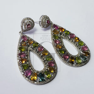 Tourmaline cut stone natural multi colored stone with rosecut pave diamonds sterling silver designer one of a kind earring
