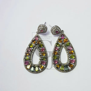Tourmaline cut stone natural multi colored stone with rosecut pave diamonds sterling silver designer one of a kind earring