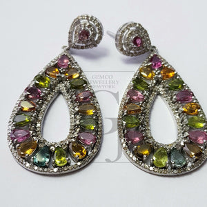 Tourmaline cut stone natural multi colored stone with rosecut pave diamonds sterling silver designer one of a kind earring
