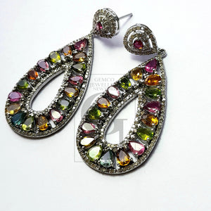 Tourmaline cut stone natural multi colored stone with rosecut pave diamonds sterling silver designer one of a kind earring