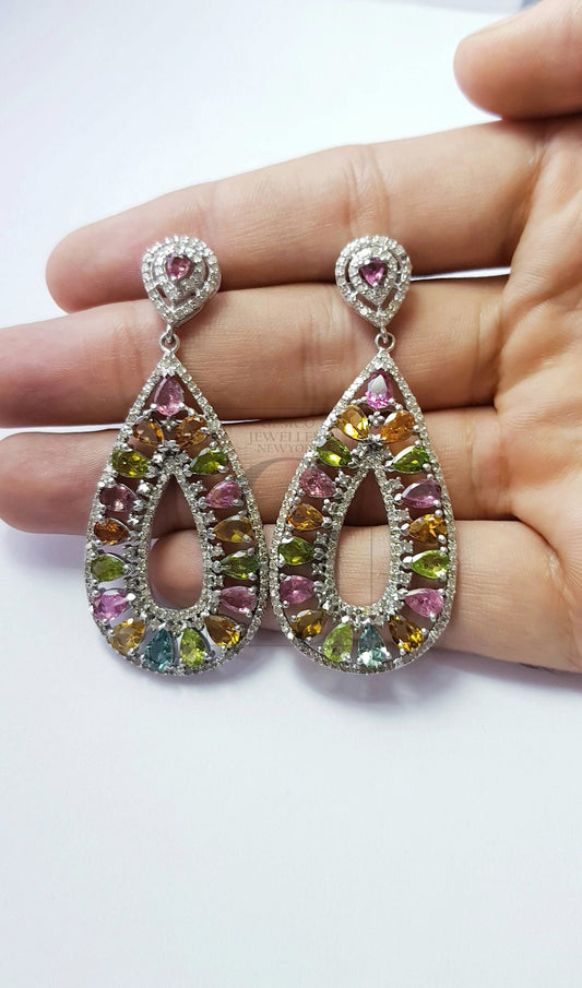 Tourmaline cut stone natural multi colored stone with rosecut pave diamonds sterling silver designer one of a kind earring
