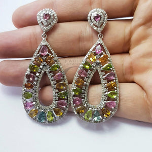 Tourmaline cut stone natural multi colored stone with rosecut pave diamonds sterling silver designer one of a kind earring
