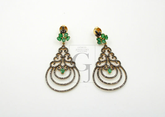 Beautiful Emerald Designer Vermail Gold Earring Rosecut Pave Diamond Earrings 925 Sterling Silver Handmade Silver Finish Diamond Earrings