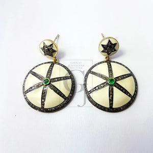 Enameling designer emerald earring Rosecut pave diamond earrings 925 sterling silver handmade silver finish diamond earrings